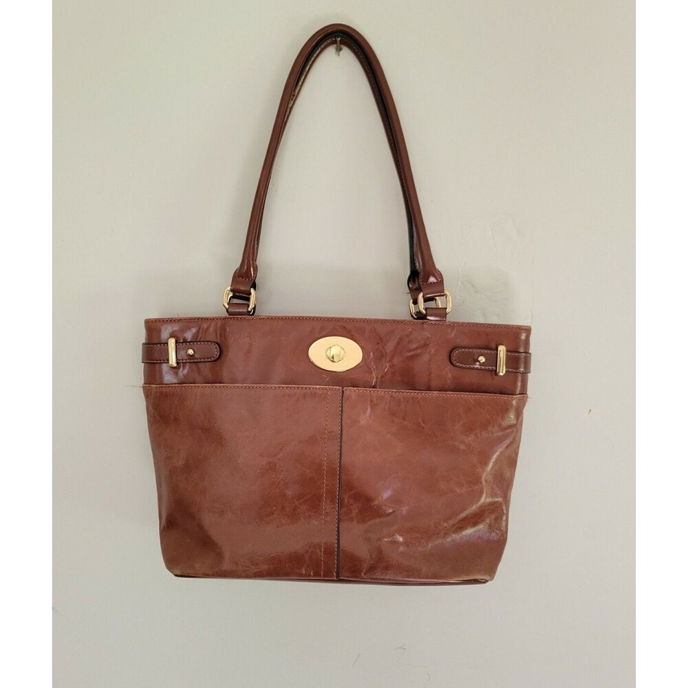 Giani Bernini Cognac Brown Double handle Shoulder Bag Baguette Bag Glazed Leathe